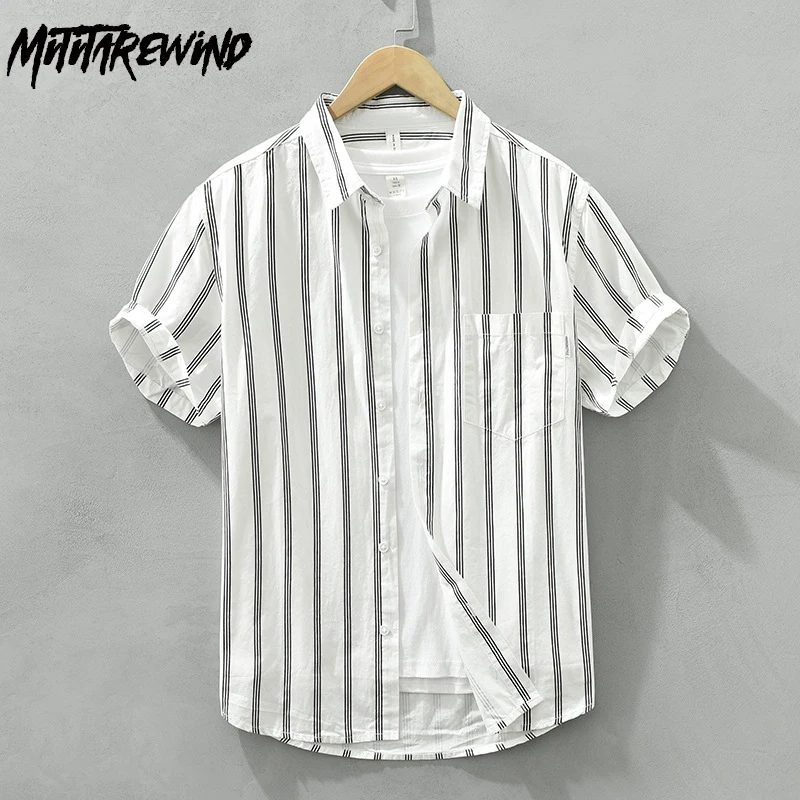 

Japan Style Striped Short Sleeve Shirt Men Summer Daily Causal Loose Shirts Pocket 100%Cotton Button Up Shirt Simple Man Clothes