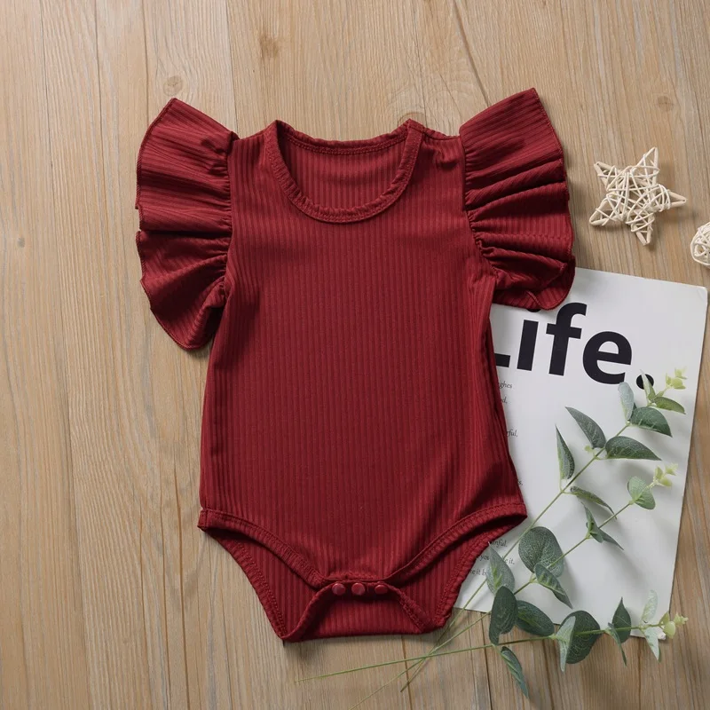 Fashion Newborn Baby Girls Ruffles Bodysuits Summer Child Solid Color Fly Sleeve Romper High Quality Short Sleeve Knitted Romper