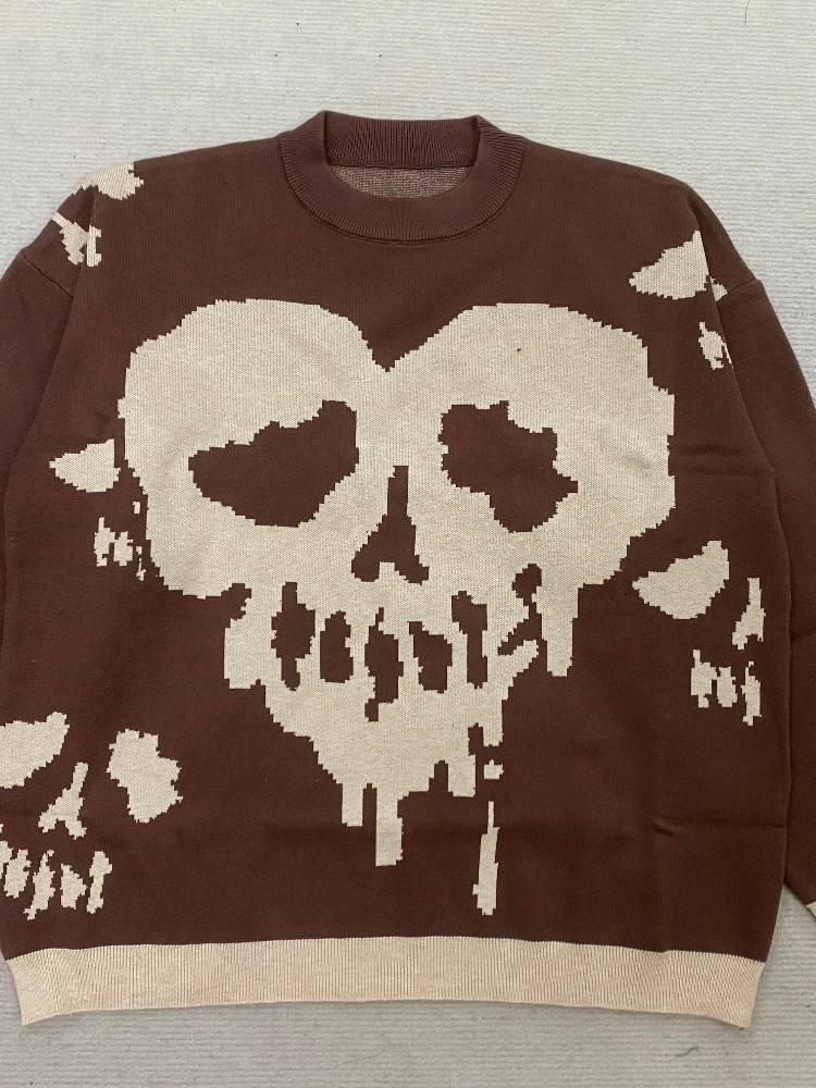 Hip hop street fashion versatile women's round neck skull print sweater loose sportswear knitted top couple's style