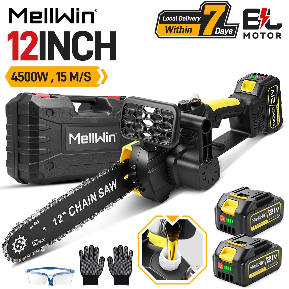 MELLWIN Bürstenlose 12-Zoll-Elektrosäge mit automatischer Ölfunktion, kabellose Kettensäge zum Holzschneiden, Werkzeug für Makita 18V-Akku
