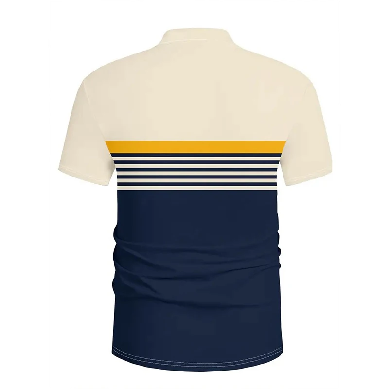 2026 Summer New Men Striped Color Block Polo Shirts White Navy Blue Yellow Patchwork Short Sleeve Lapel T-shirt Breathable Busin