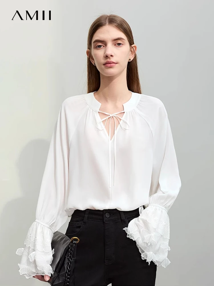 AMII Minimalism Women Lace Chiffon Shirts 2024 Spring New V-neck Tie Mid-length Flare Sleeve Fairy Style Loose Blouses 12441219