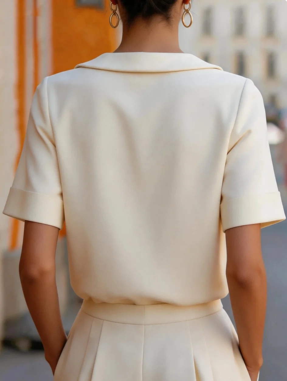 Elegante Kurzarmbluse mit abgerundetem Kragen und strukturierter Passform für Damen im Büro oder für formelle Anlässe. – Detail 14