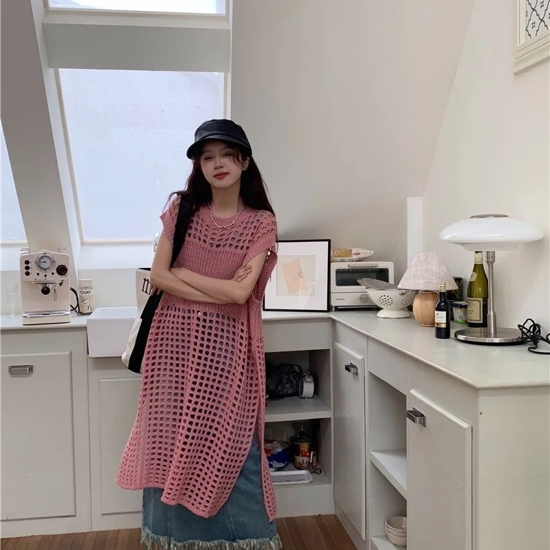 Knielengte trui K Pop truien truien dames breien ronde hals losse pasvorm wandelen moeders highstreet geperforeerde decoratie