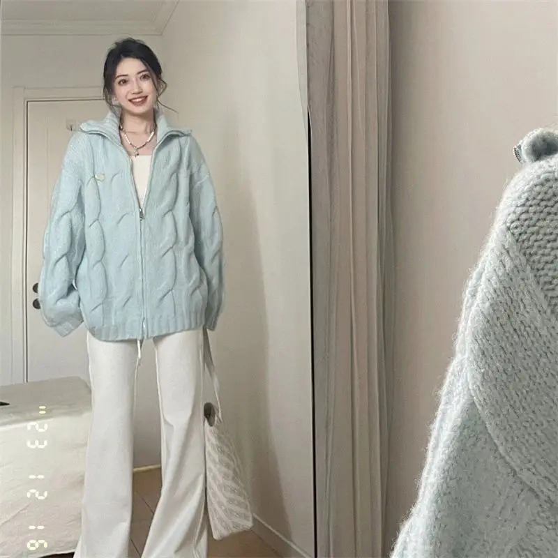 

Milk Blue Fried Dough Twists Sweater Women Retro Lazy Casual Versatile Zipper Sweater Coat