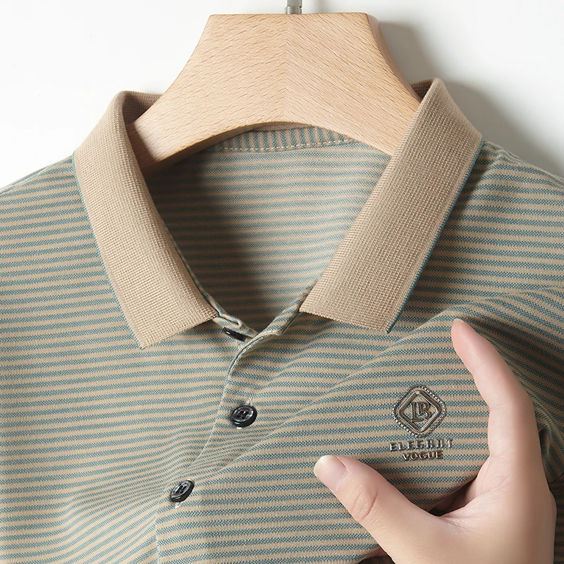 Summer Business Casual Quality Cotton Breathable Comfortable Lapel Polo Short Sleeve Striped Print Design Korean T-shirt Top