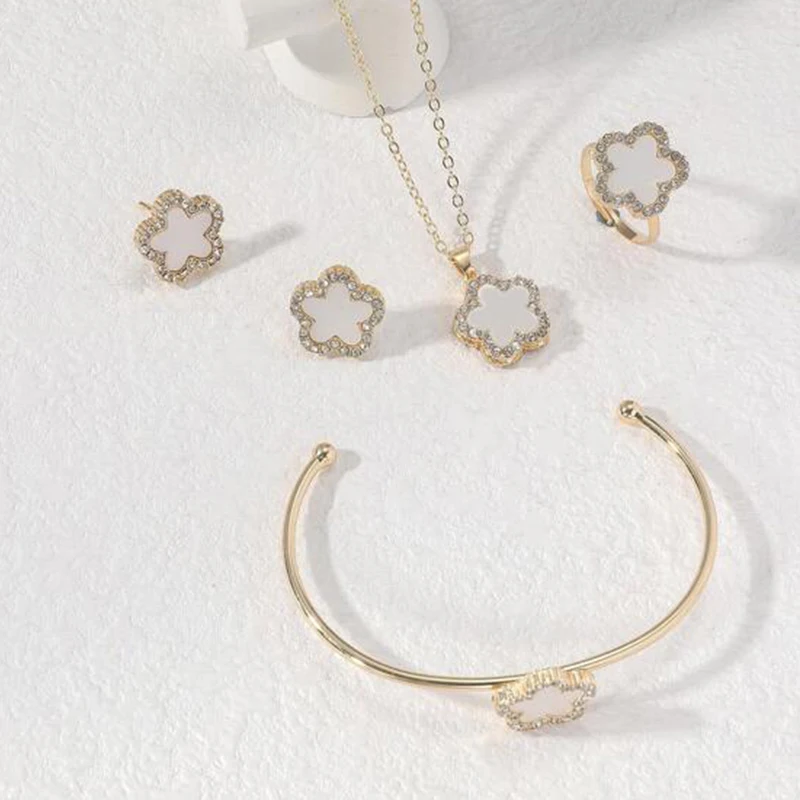 4 PCS Set Flower Shape Pendant Earring Ring Bangle Set Crystal Stone Necklace Earring Stud Cuff Bangle Open RingJewelry Set image 5