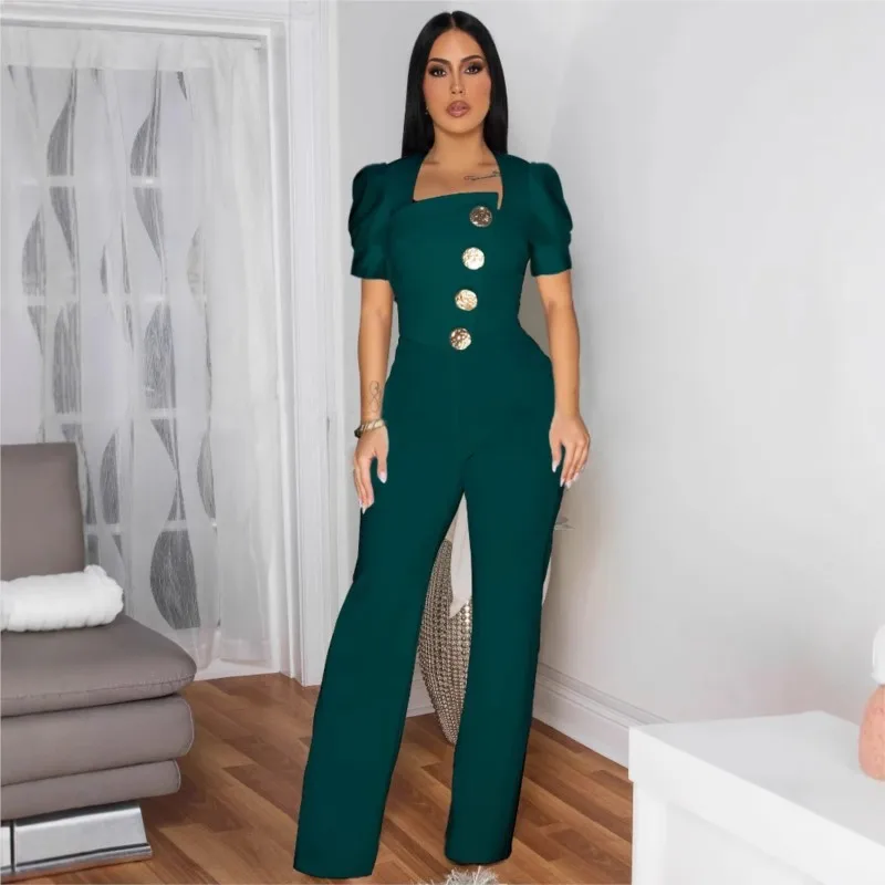 

Fashion Women Button Puff Sleeve Wide Leg Jumpsuits 2026 Sexy OL Chic Party Solid Short Sleeve Outfits One Piece Suit Rompers