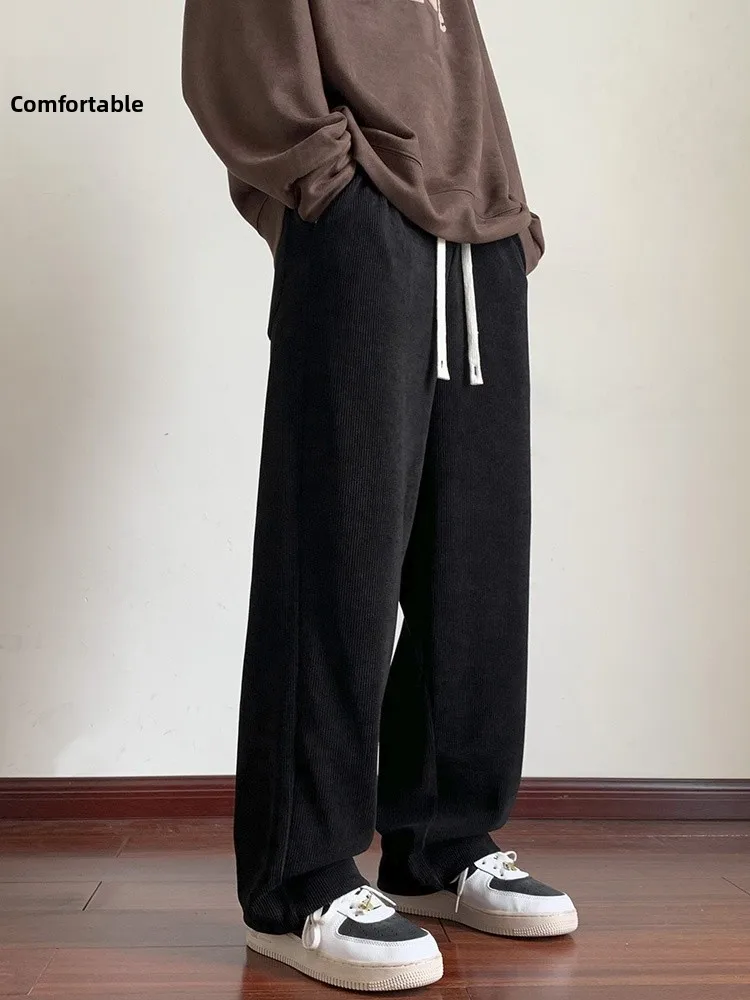 

Rampo Men's Winter Casual Pants Bla Spor American Sle Corduroy Loose Sweatpants Straight Leg ket Detail Iron-Free