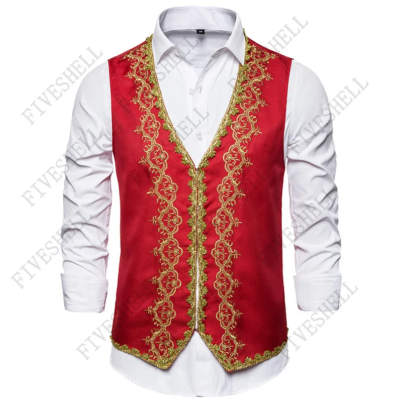 2024 Middeleeuwse Stijlvolle Gouden Borduurwerk Barok Vest Mannen Slim Fit Paleis Prins Zwart Vest Vest Vest Vest Heren Halloween Cosplay Kostuum