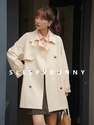 Beige Double-Breasted Short Trench Coat Loose Fit Korean Style Raglan Sleeve Design Lapel Casual Jacket for 2025 Winter Fashion