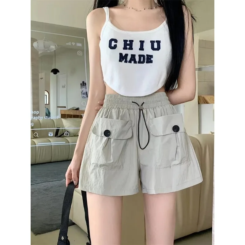 

American Vintage Women Summer Quick Dry Elastic Waist Big Pocket Loose Cargo Casual Shorts