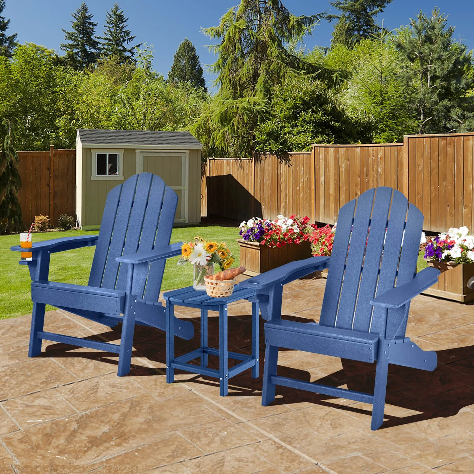 

3PC Patio Adirondack Chair Side Table HDPE Weather Resistant Cup Holder