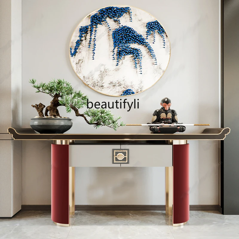 New Chinese style simple and light luxury entrance table retro red striped club art solid wood end viewing platform