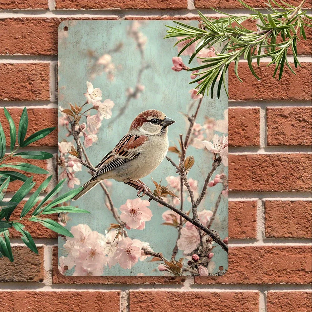 2D Flat, Vintage Metal Sign, 2D Flat Printed Spring Floral and Bird Pattern, Pre-Drilled Iron Wall Decor Hanging Plaque, 8x12 In
