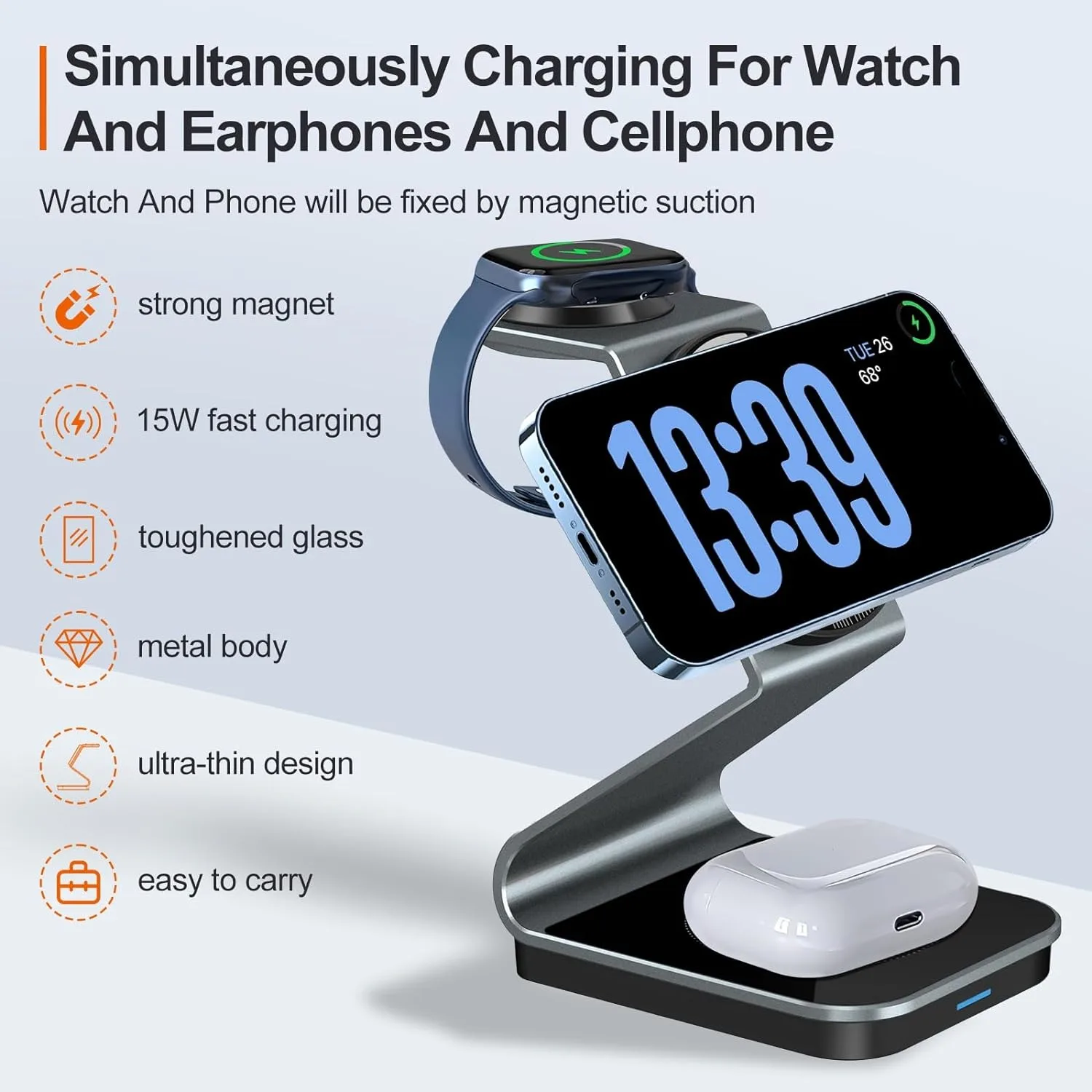 Magnetic Wireless Charger 3 in 1 Charging Station 15W Fast Charging Stand for iPhone 15 Pro Max 12/13/14/Apple Watch/AirPods Pro