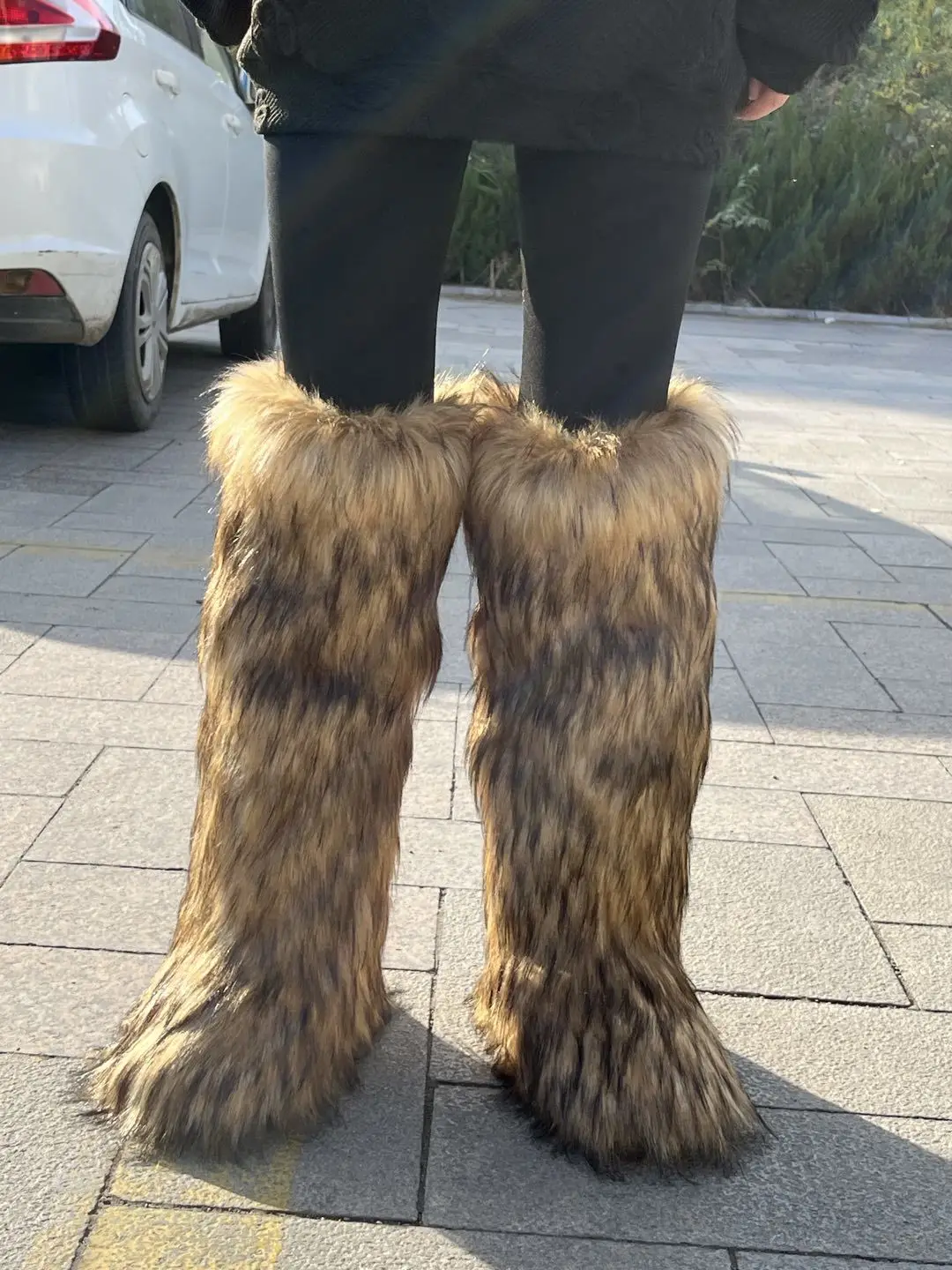 Women Winter Fluffy Faux Fur Mid-Calf Snow Boots Thick Flat Solid Rubber Soles Round Toe Over Knee High Boots Big Size 44 Warm