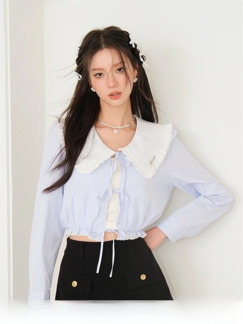 

Kroche Long Sve Doll Collar Striped irt Women's Sweet College Sle Polyester Cotton Blend Breathable Comfortable irt