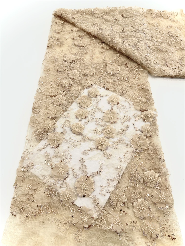 ナイジェリア 2025 新しい美容スカイブルーチュールレース生地パールビーズ高品質アフリカスパンコールフレンチウェディングドレス用