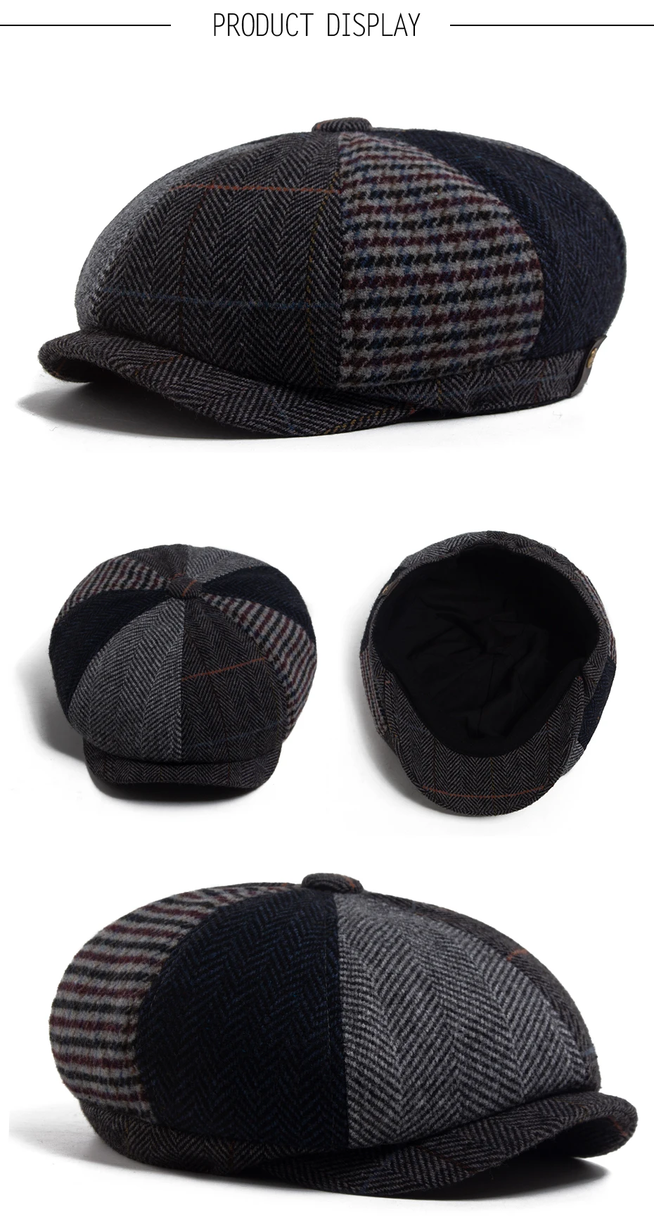 Vintage Zeitungsjunge Mütze Männer Fischgräten Plaid Patchwork Muster Frauen Baskenmütze Herbst Winter Warme Männliche Flache Kappen Achteckigen Hut Elastische – Detail 4