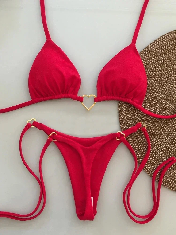 Vrouwen sexy effen badpak hart metalen ring bikini set trekkoord 2-delige set nieuwe zomer strandkleding kant-up split biquinis pak
