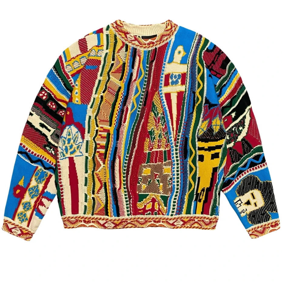 Męski sweter z grafiką w stylu vintage, streetwearowy sweter dziergany w stylu narodowym, jesienno-zimowy pulower męski, swetry Harajuku retro.