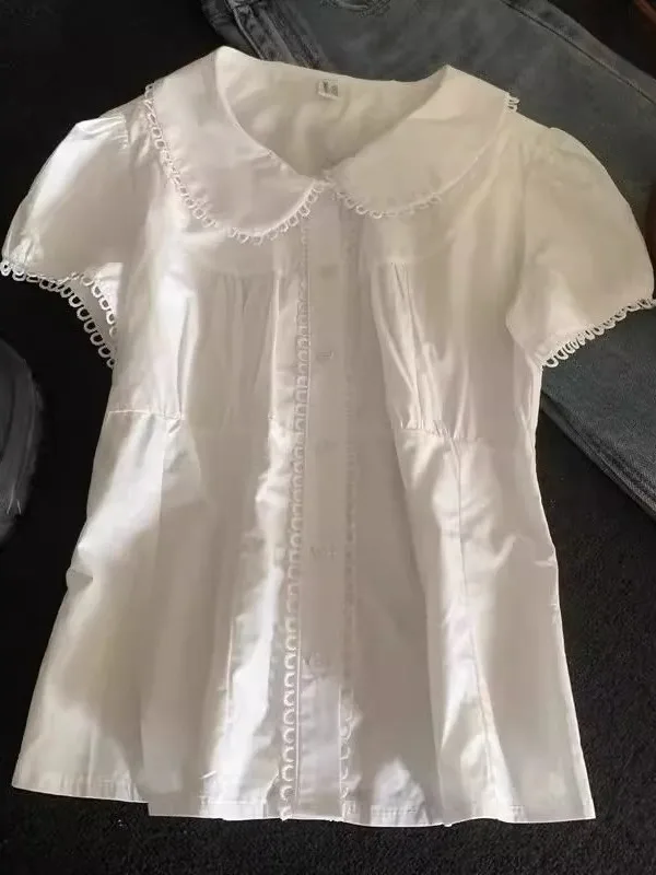 

Summer New plus Size Doll Collar irt Men Women Lace Bubble Sve Blouse Waist in ort Sve T irt Youth Casual Faion