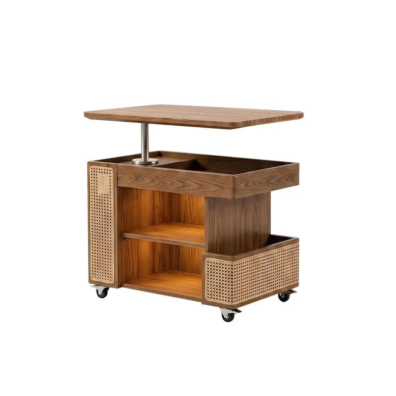 Foldable Wicker Rattan Coffee Table with Wheels Mobile Side Cart for Living Room Small Apartment Sofa End Table