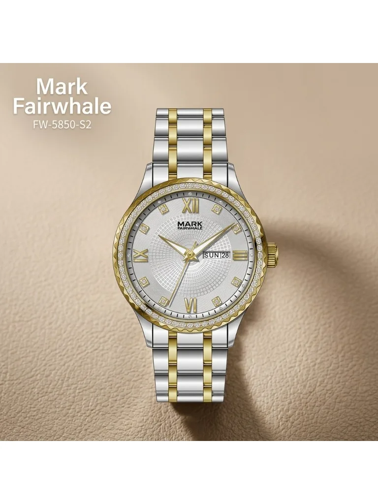 Mark Fairwhale Luxury Watch for Men Round Dial Day Date Window Inlaid Crystal Bezel Stainless Steel Band Waterproof Wristwatch