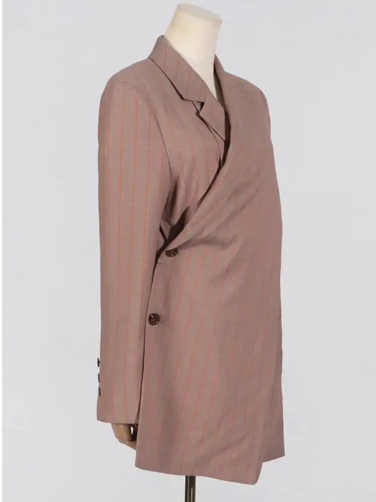 EAEOVNI 2025 الخريف جديد سترة نسائية مخطط غير المتماثلة تصميم زر تجمع الخصر ضئيلة السترة معطف مكتب سيدة الملابس