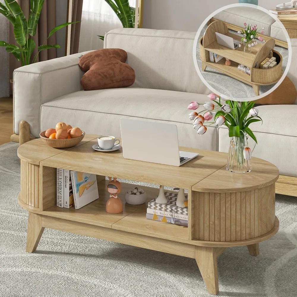 Fluted Coffee Table, Mid Century Modern Coffee Tables for Living Room, Oval Coffee Table with Flip-Top Lids, Wood Accent Center