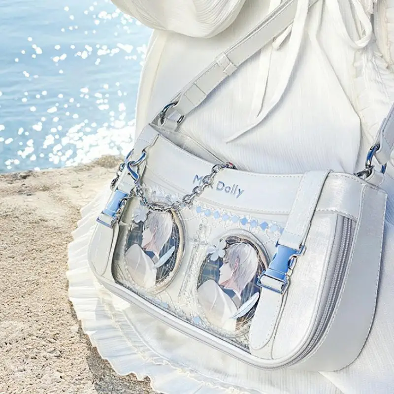 

Genuine Rock Locomotive Bolso Transparent Ita Bags Sweet Girl Women Solid Color Leather Underarm Bag Lolita Shoudler Pain Bags