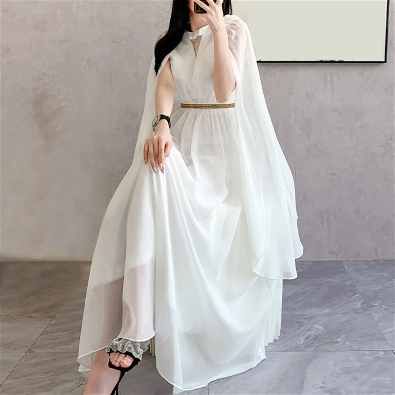 Women Dress 2024 Spring V Neck Sexy Elegant long Dress Autumn cape Sleeve Gown Party Dress holy angel goddess white dress