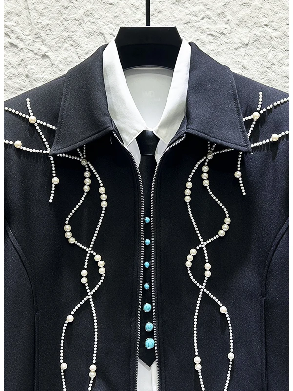 2025 Fashion Heavy Embroidery Pearl Black Lapel Jacket Set Handsome Boy Korean Version Loose Casual Wide-Leg Pants