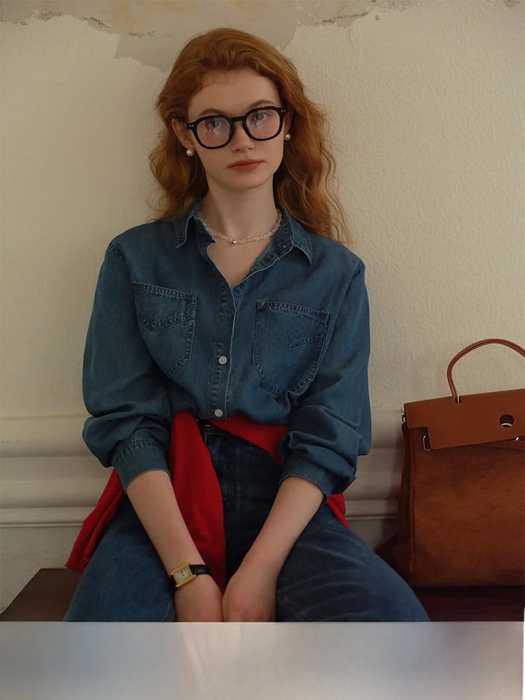 

Повседневная джинсовая рубашка Rina Berry свободного кроя с длинными рукавами, женский топ с карманами, универсальная базовая модель, новинка осени 2024