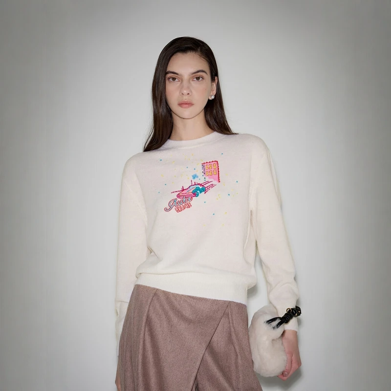 

Simple Versatile Korean round Ne Loose Knitted Sweater Pure Color Embroidered Flower Autumn Winter Faion Women's Top