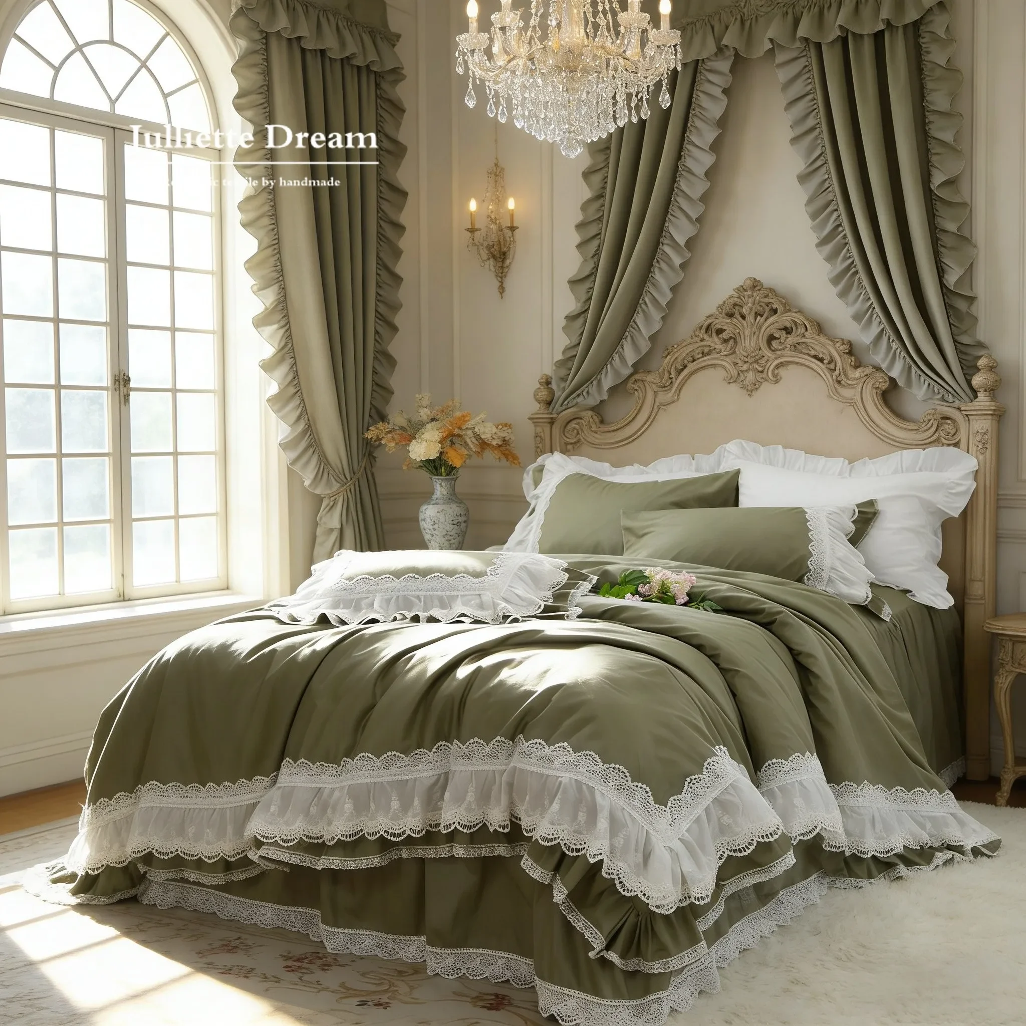 Romantic Princess Bedding Set Heavy Embroidery Lace Design Duvet Cover Cotton Bed Skirt Luxury Handmade Aesthetic Home Decor