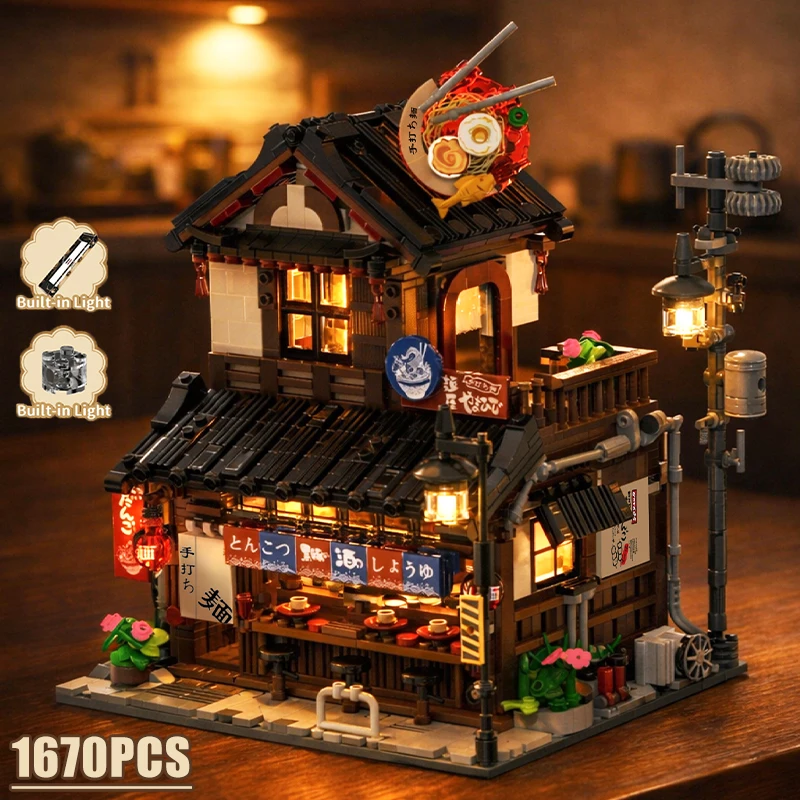 City Japanese Ramen Shop Street View Building Blocks Lamian Noodles Restaurant Architecture Lights Bricks Decoration Toys Gift