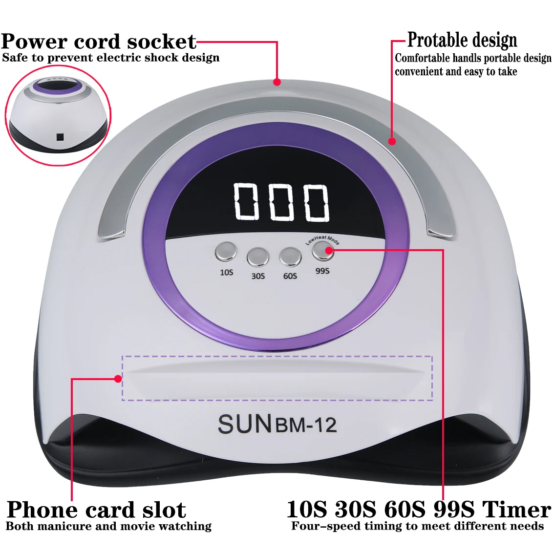 SUN BM-12 네일 램프 전문 네일 광택제 경화 LED UV 라이트, 자동 센서, LCD HD 디스플레이, 네일 아트 도구, 4 타이머