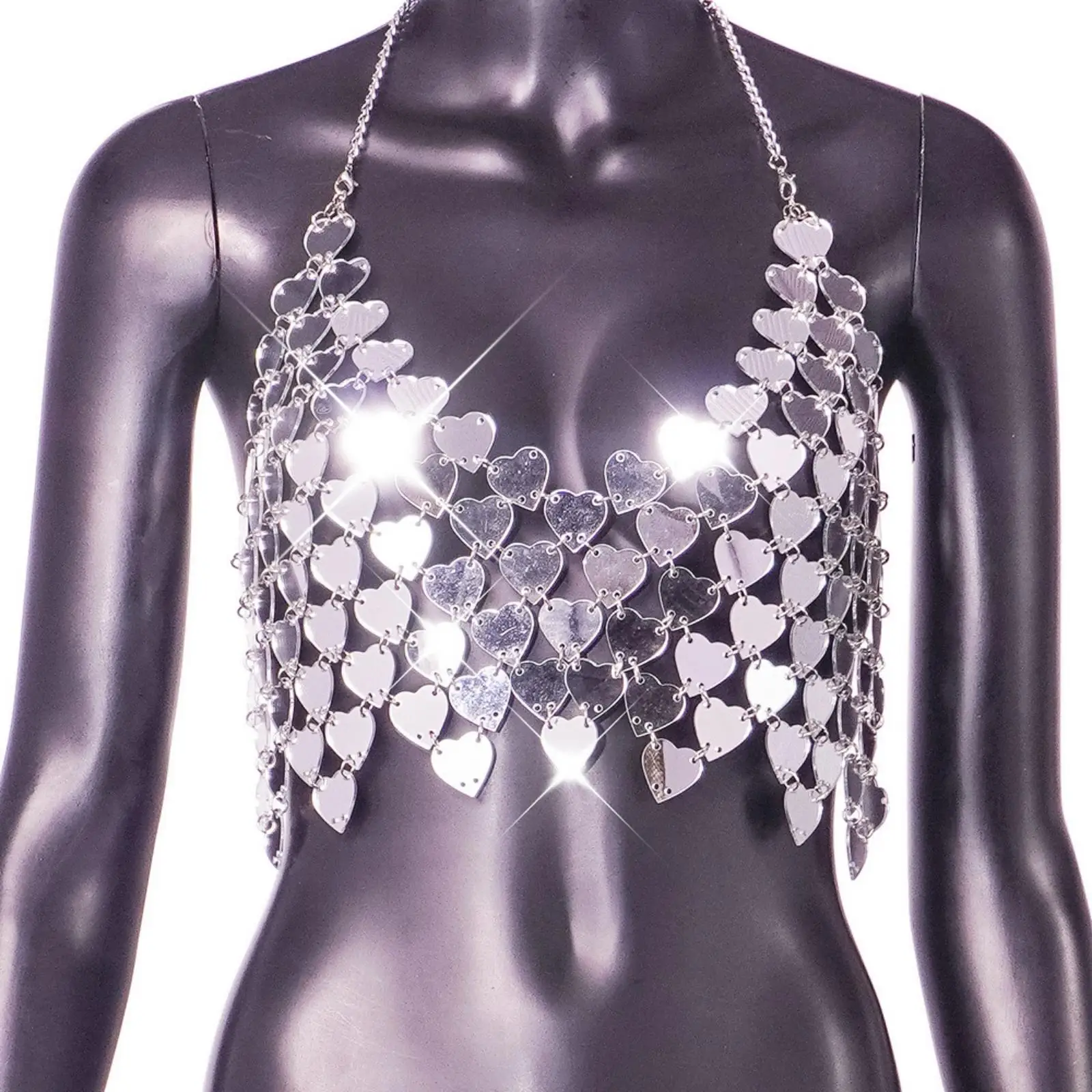 Silver Sequin Sleeveless Tank Top Women Halter Neck Chain Acrylic Openwork Cropped Shirt for Concert Festival Party Looks