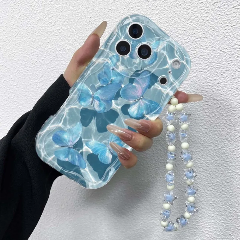 Blue Water Ripple Butterfly Pattern Phone Case For iPhone 17Pro Max 16E 16 15 14 13 12 11 Pro Max 17E Clear Soft Wavy-edge Cover