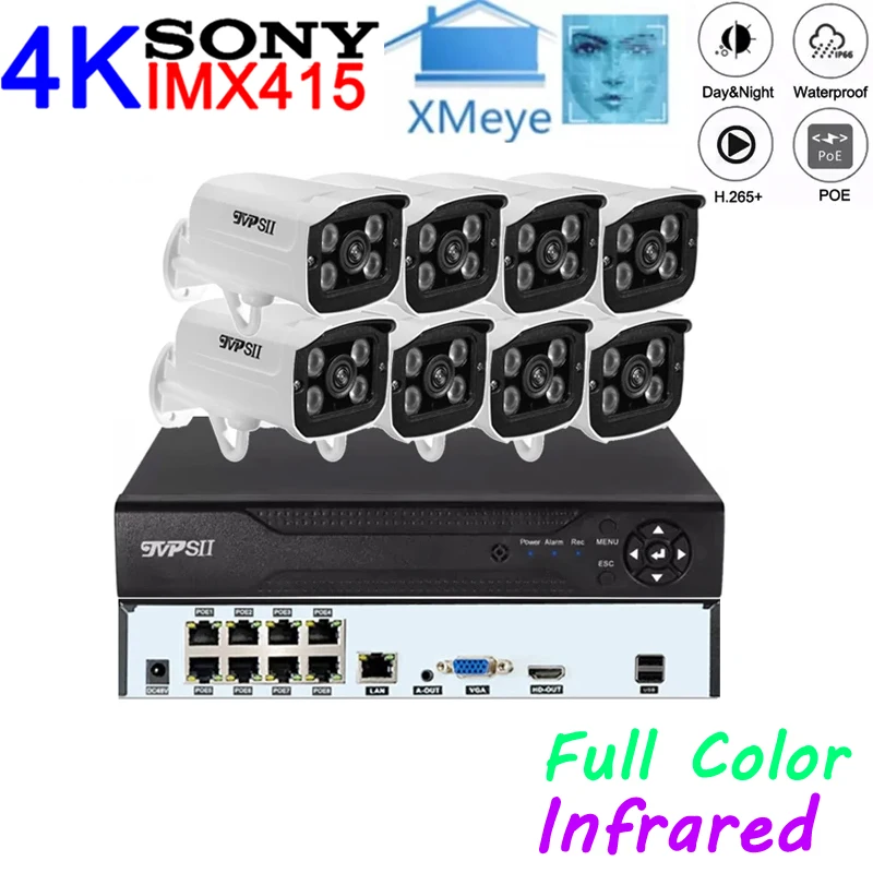 Full Color Infrared 4K 8M IMX415 H.265+ Metal ONVIF Face Detection Audio 8CH 8 Channel POE IP CCTV Camera NVR DVR Kits System