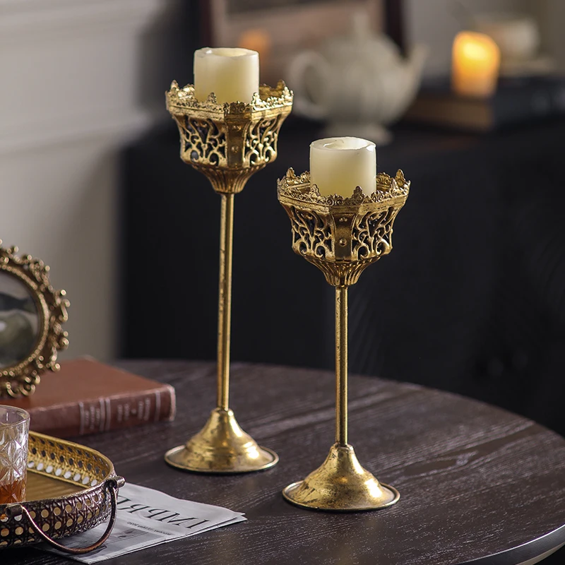 Vintage Iron Candle Holder, Crown Candlestick, European Gold Table Centerpiece, Ornate Classic Candleholder, Home Decor