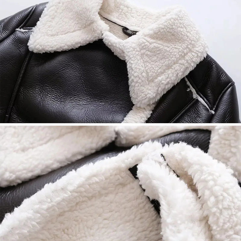 2024 Autumn Winter Women Faux Lamb Leather Fur Short Jackets Lady Moto Biker Zipper Coats Thicken Warm Female Vintage Outerwear