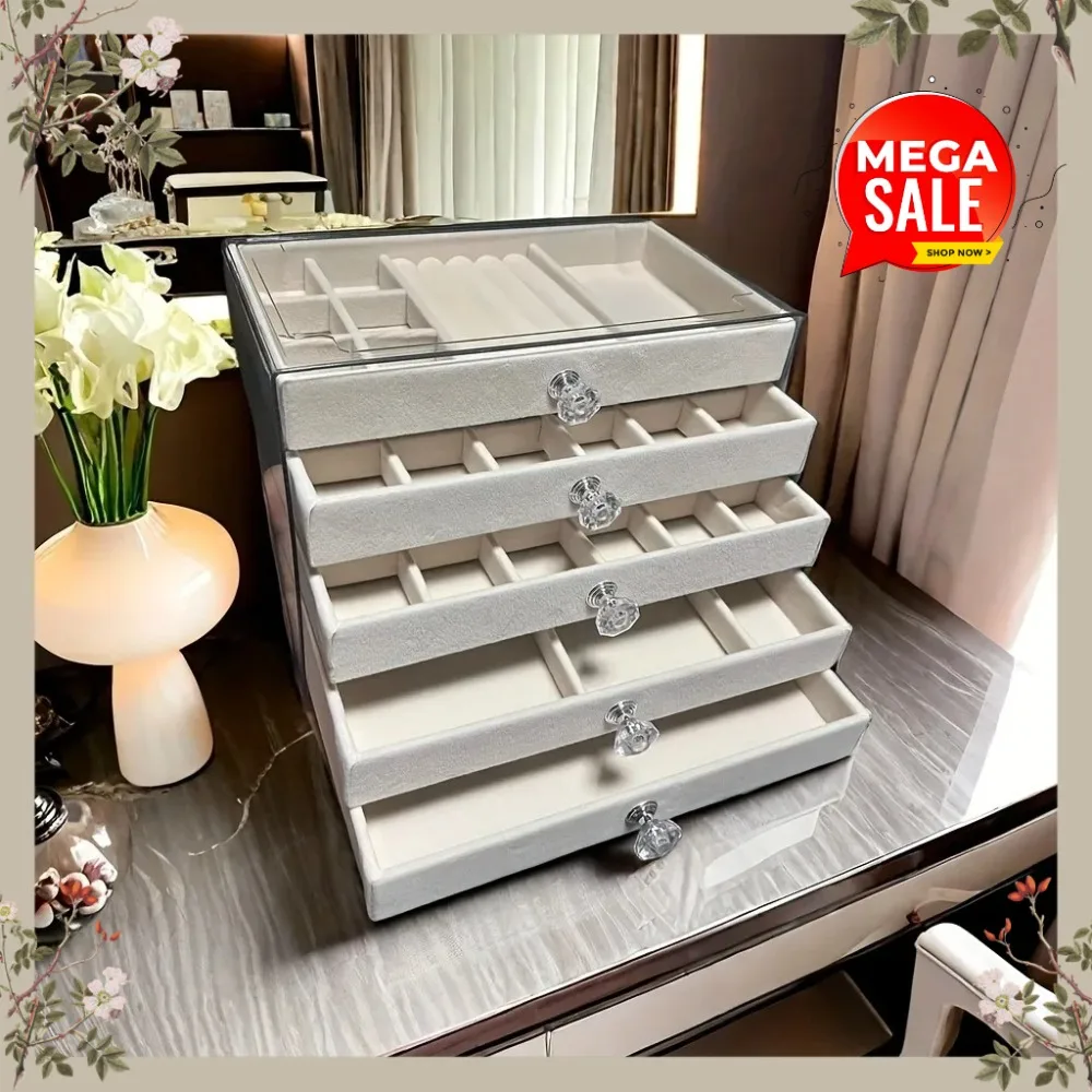 

Настольная бархатная шкатулка для украшений с 5 ящиками и зоной для демонстрации, органайзер для серег и браслетов для домашнего туалетного столика