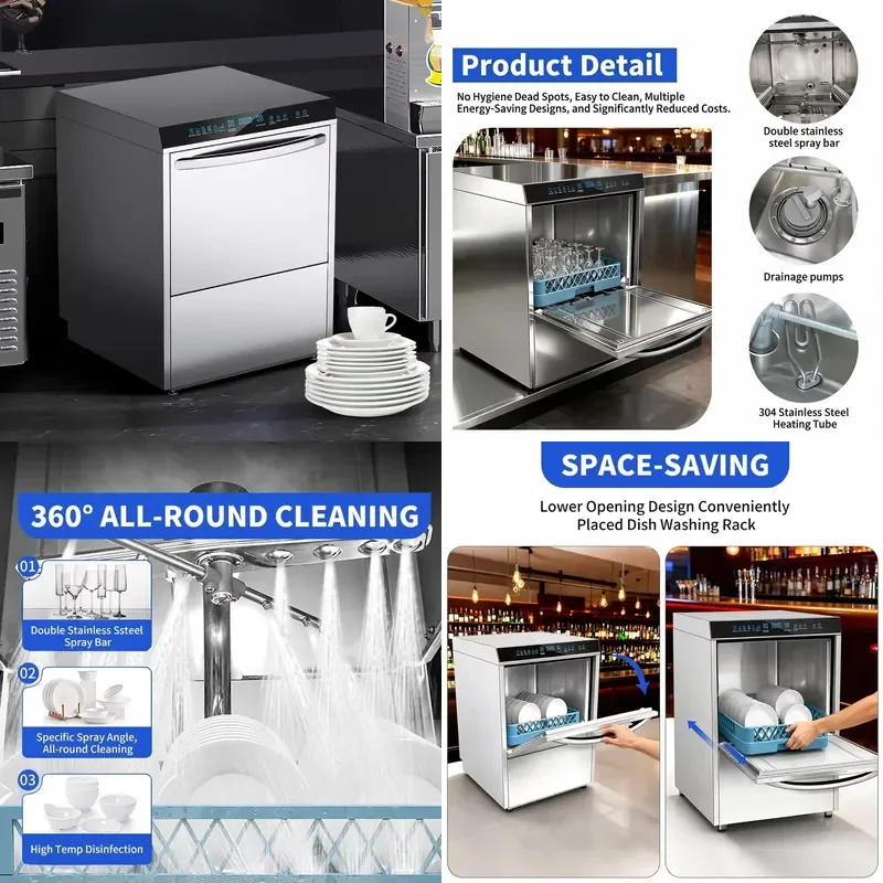 Commercial 304 Stainless Steel Undercounter Dishwasher High Efficiency Industrial Smart Washer Dryer Machine for Restaurant