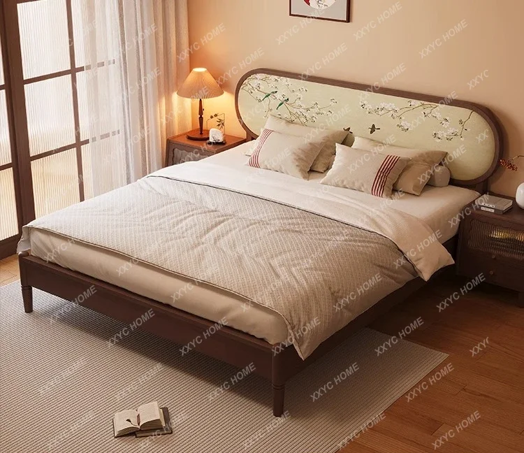 Solid wood double bed zen retro bedroom soft bag bed