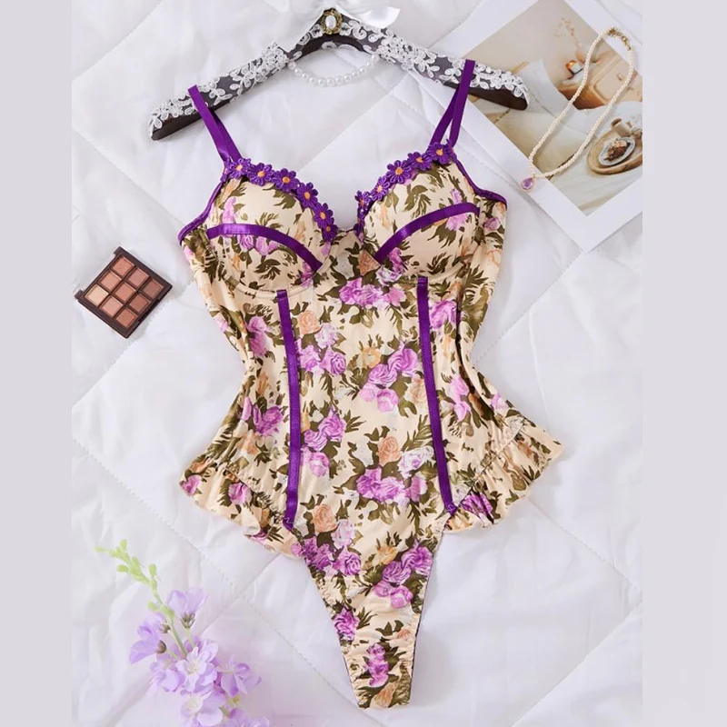 

Сексуальное женское белье, боди с цветочной вышивкой, романтический фиолетовый комбинезон без рукавов, интимное женское цельное эротическое белье с эффектом пуш-ап