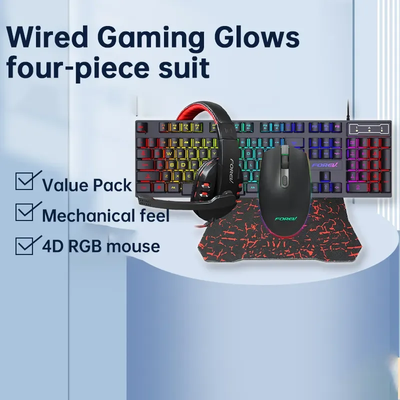 RGB USB Wired Keyboard Mouse Headphones Pad 104Key Keyboard 4Key Design Mouse Mechanical Feel Waterproof Dust-Proof Computer Set