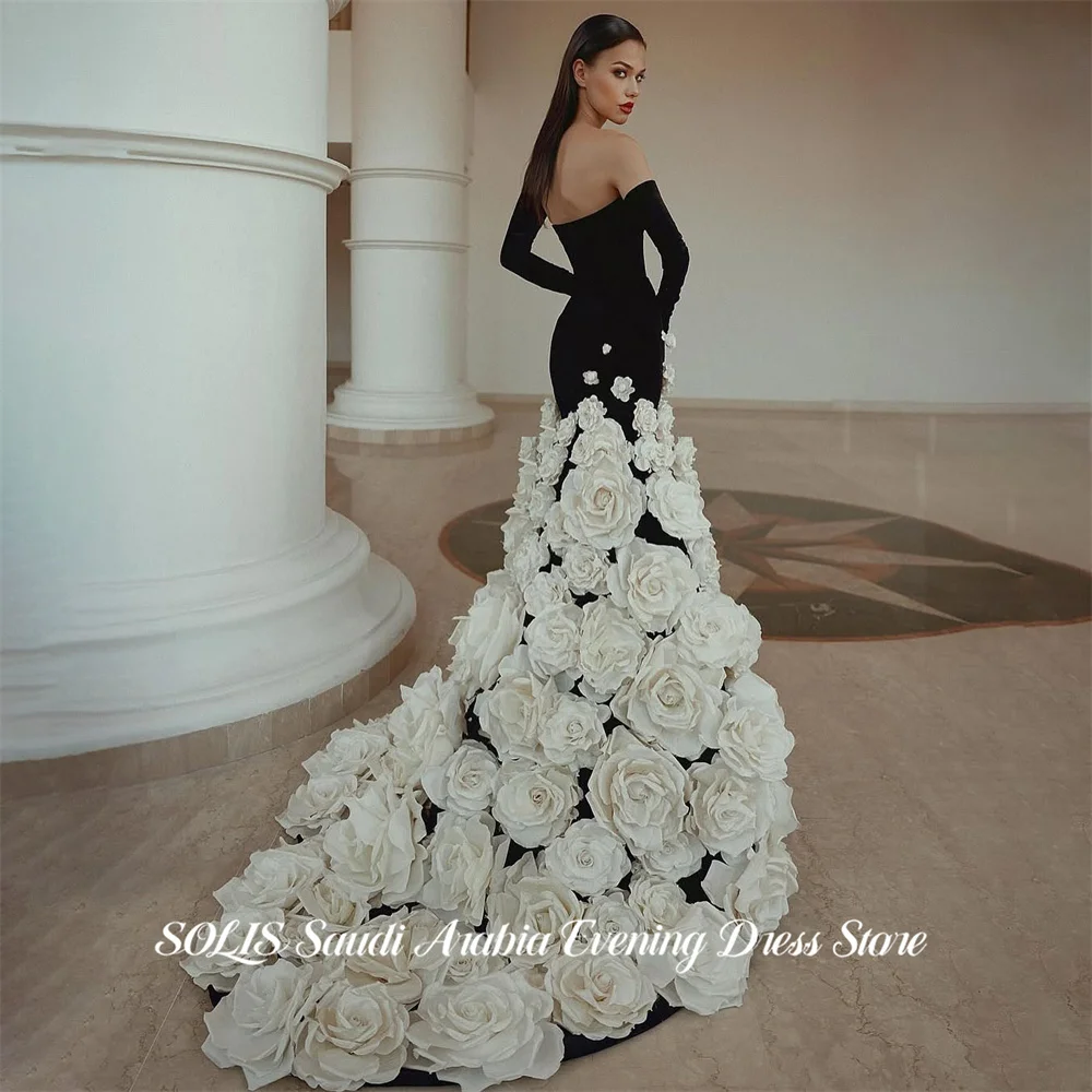 SOLIS Black and White Prom Dresses Strapless Celebrity Dresses with 3D Floral Women's Evening Dresses Formal Gown Customized